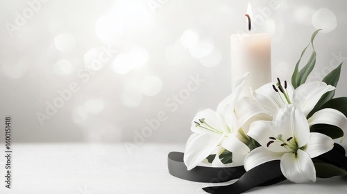 Simple funeral background with candle and white lilies on gray, minimal condolence design