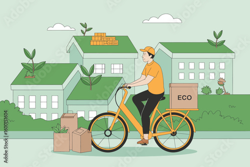 Eco friendly courier delivering packages on a bicycle through a green neighborhood
