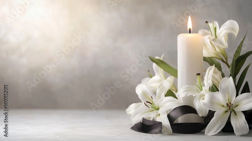 Simple funeral background with candle and white lilies on gray, minimal condolence design