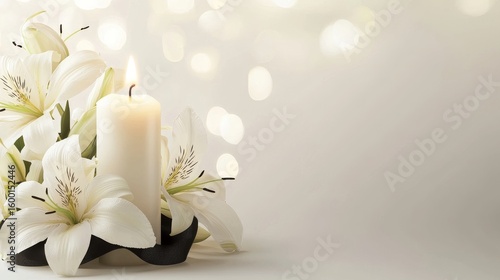 Simple funeral background with candle and white lilies on gray, minimal condolence design