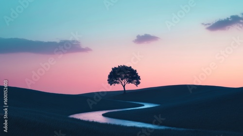 Tree is standing in a field with a river running through it. The sky is a beautiful mix of pink and blue hues, creating a serene and peaceful atmosphere