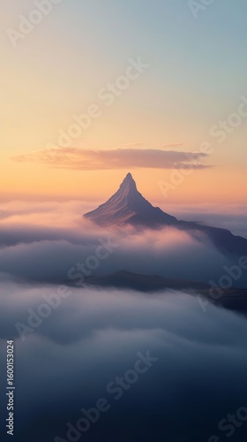 Mountain with a cloud on top and a cloudy sky in the background. The mountain is tall and the sky is hazy