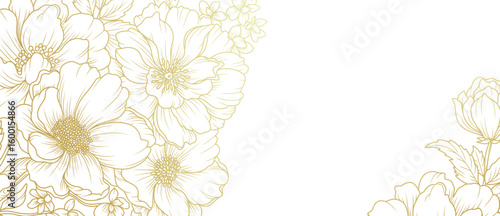 Luxury floral background with hand drawn gold line art flowers. Vector design with bouquet of peonies. Elegant illustration for wall decor, wallpaper, cover, banner, package, card, wedding invitation