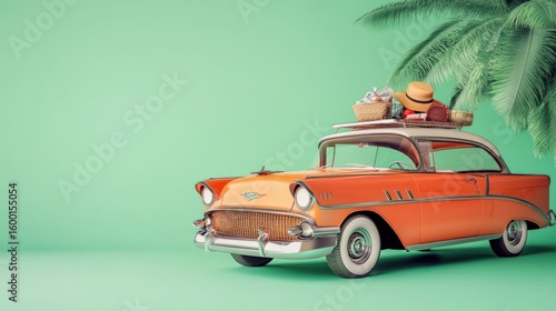 Funny orange retro car with summer vacation accessories on green background