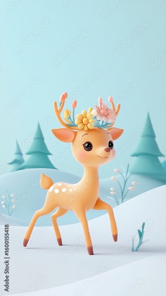Adorable cartoon deer with a floral crown gracefully walks through a snowy winter landscape, embodying joy and playfulness in a vibrant digital art style. Adorable cartoon deer with a floral crown gracefully walks through a snowy winter landscape, embodying joy and playfulness in a vibrant digital art style.