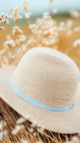 Pastel sun hat paired with light blue linen, blushtoned accessories, and soft gold details