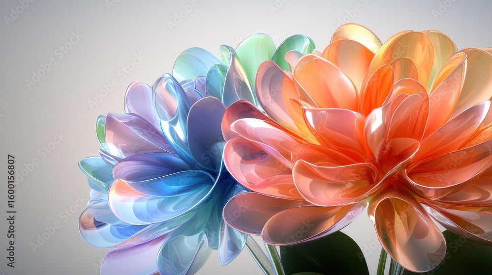 Fototapeta premium Translucent Flowers in Blue, Orange, and Green Hues
