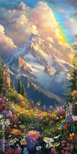 Mountain range with a rainbow in the sky. The mountains are covered in snow and the sky is cloudy. The flowers are in full bloom and the birds are flying around