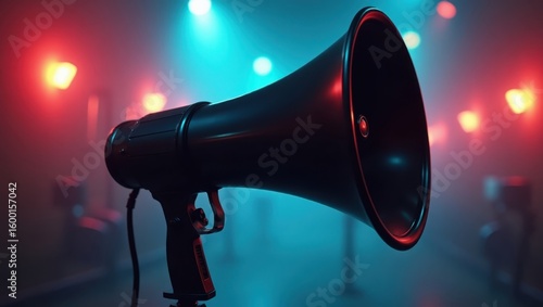 Megaphone in a dimly lit space with vibrant lighting.