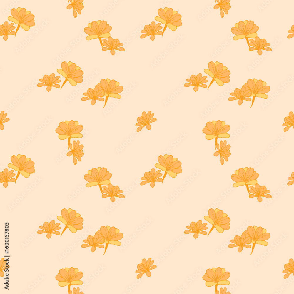 Obraz premium Seamless vector pattern with delicate yellow orange flowers on a soft beige background. Summer or spring-themed textiles, packaging, wallpapers, and digital design