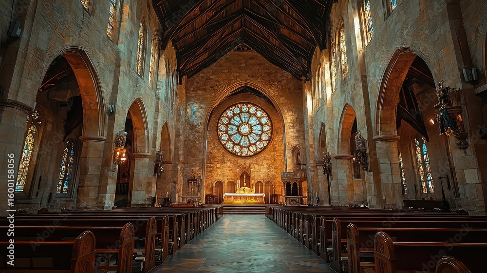 Fototapeta premium Traditional stone churches featuring medieval architecture, stained glass windows, vaulted ceilings, historical preservation, spiritual ambiance, and religious cultural landmarks.