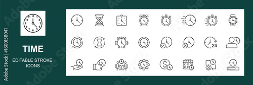 Time icon set. Timer, alarm, schedule, hourglass, clock icons. modern thin line style of clock related icons: timer, stopwatch, alarm, and more. Editable stroke. Vector illustration.