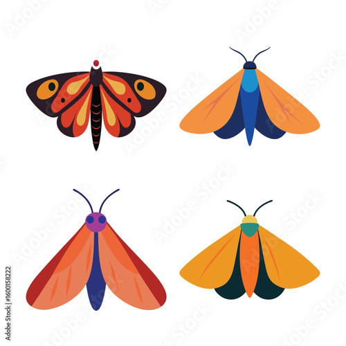 Colorful cartoon moth vector set featuring vibrant wing patterns and simple designs, perfect for educational materials, nature graphics, decorative projects, and insect-themed illustrations.