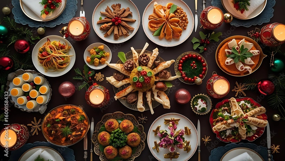 Top-down view of festive table with food, candles, and ornaments arranged for a cultural celebration, clean and balanced composition
Top-down view of festive table with food, candles, and ornaments arranged for a cultural celebration, clean and balanced composition