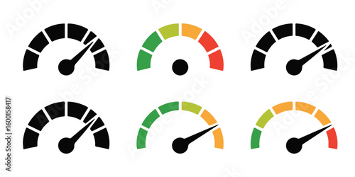 Illustration of six speedometer icons showing different levels of performance and speed on white