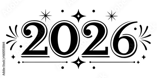 Elegant black numbers twenty six with decorative elements 2026 white background