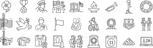Veterans Day and Remembrance Day military tribute icons in linear vector illustration set, including saluting soldier, poppy flower, memorial wreath, folded flag and military graveyard.
