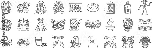 Dia de los Muertos icon set with sugar skulls, marigolds, ofrenda altar, skeletons and papel picado decorations. Traditional Mexican elements honoring ancestors and celebration, vector illustration.