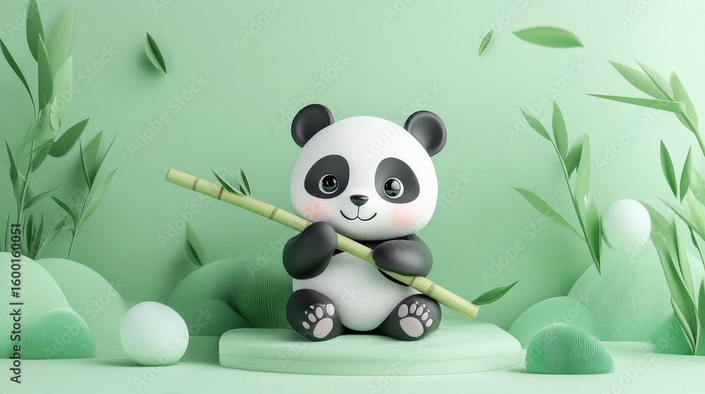 Obraz premium A charming cartoon panda sits contently, holding a bamboo stick against a soft green backdrop. Ideal for children's themes and nature illustrations.