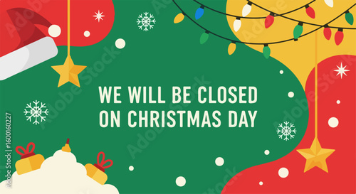 Christmas day announcement with festive details and Santa's cap over snowdrift. Christmas day is an important holiday, it is often announced in advance to allow preparations.