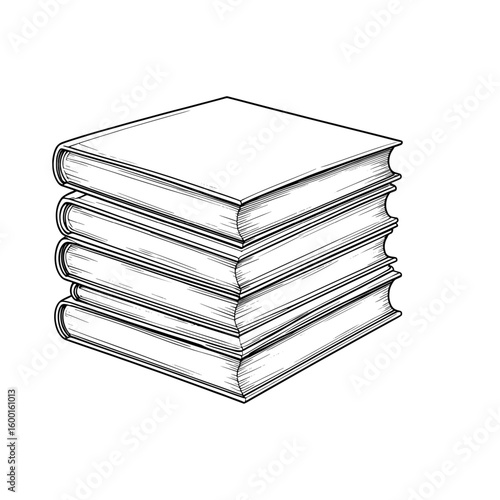 A stack of books, silhouetted black and white drawing. Vector illustration. Books are isolated on a white background. Theme schools, libraries, bookstores
