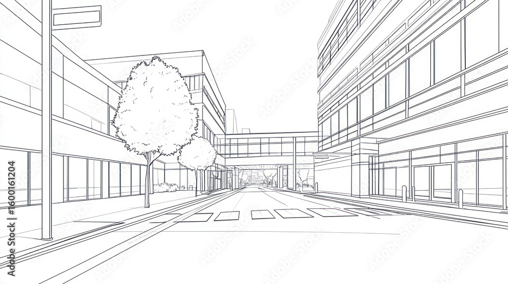 Fototapeta premium Architectural line drawing of a city street scene with buildings.