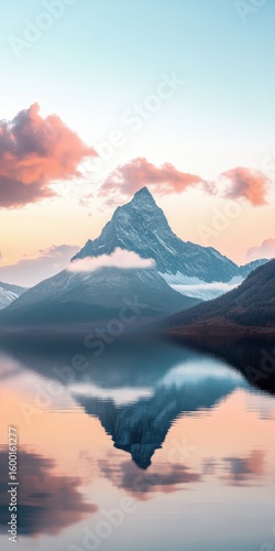 Mountain with a snow cap and a lake in the background. The sky is pink and orange