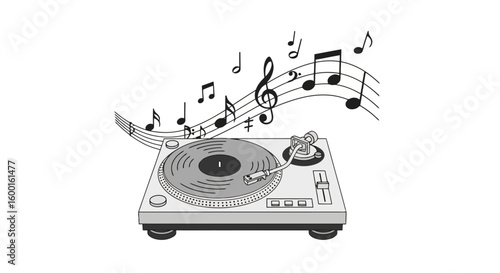 Vinyl Record Player with Musical Notes Illustration
