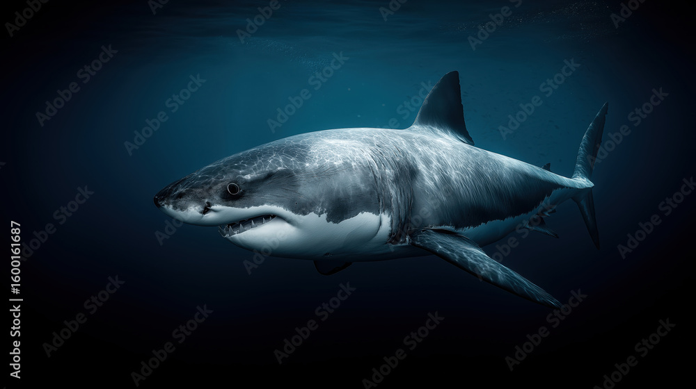 Naklejka premium Great white shark in blue ocean. Underwater.