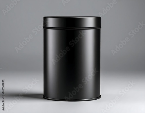 Sleek black container with lid on gray backdrop for storing coffee tea or other dry goods