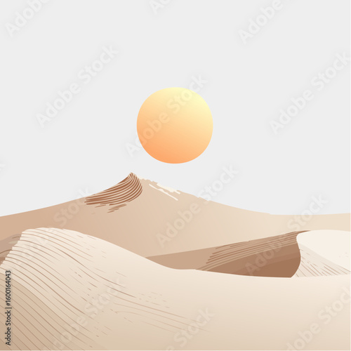 abstract desert scene with triangular sand dunes and a single circular sun