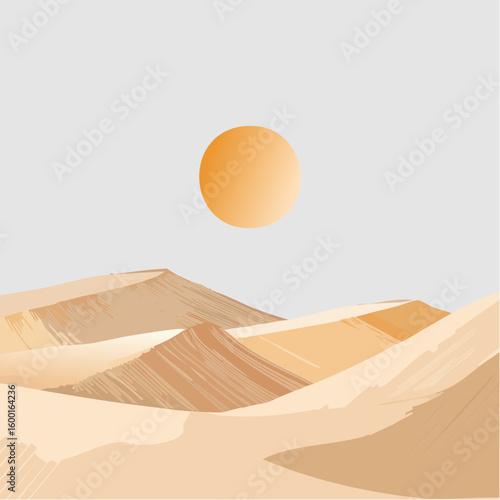 abstract desert scene with triangular sand dunes and a single circular sun