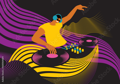 DJ spinning tunes, vector illustration, summer music party poster, music fest banner, beach party flyer design	
