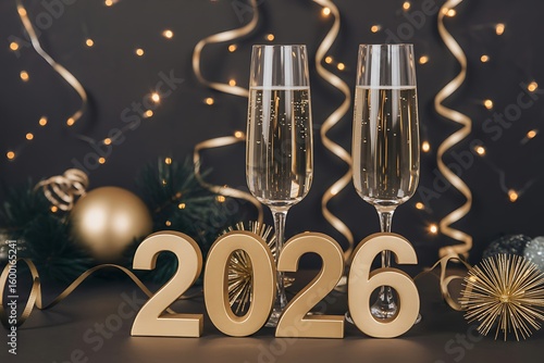 Golden 2026 numbers with champagne flutes and festive decorations create a celebratory atmosphere for New Year's Eve