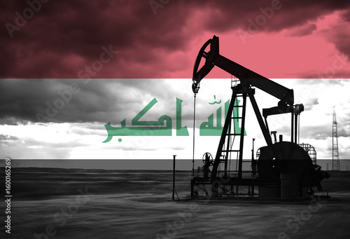 Drilling for oil in the countryside with Iraq national flag overlay