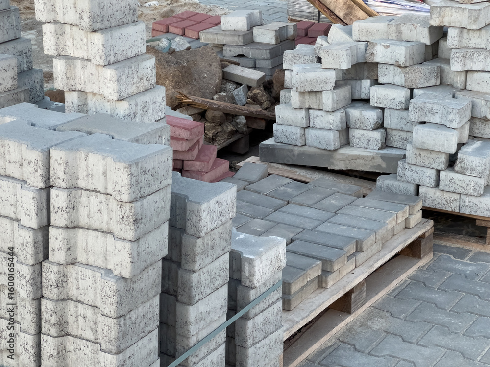 Obraz premium Stacks of concrete and brick blocks arranged neatly at a construction site in bright daylight, showcasing building materials for projects