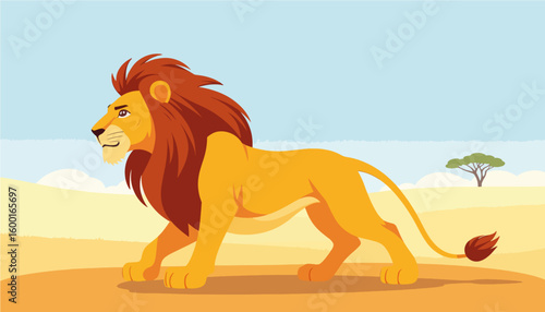 Cartoon lion walking calmly across the savanna landscape  