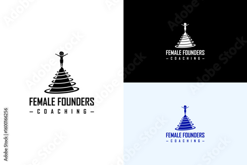 mountain with a woman standing on top illustration, icon, vector logo for businesswoman, female mentor, woman in business, women entrepreneur, female founders, coaching, and more
