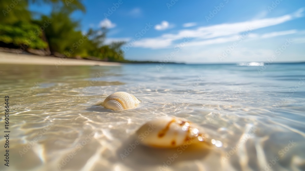 Naklejka premium island beach with scattered seashells and clear shallow water, peaceful and clean