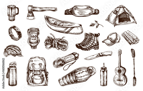 Hand drawn vintage sketch of camping and hiking gear set with travel accessories in brown ink on white background