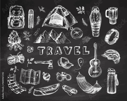 Hand drawn vintage sketch of travel and camping gear in white chalk on chalkboard background, isolated vector set