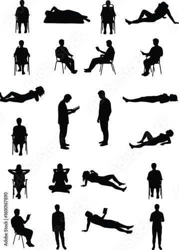 A diverse collection of human silhouettes in various relaxed and contemplative poses: sitting, lying down, reading, and standing, representing leisure, rest, and personal time.