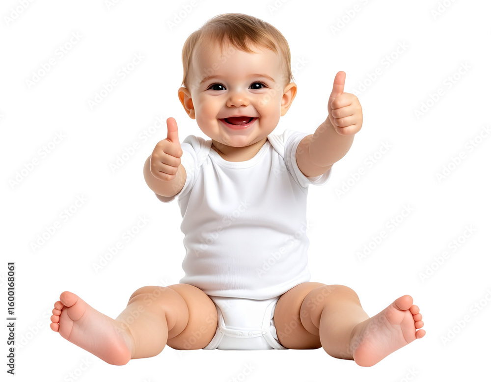 Smiling Baby Giving Thumbs Up, Sitting Position, Front View, Isolated on White Smiling Baby Giving Thumbs Up, Sitting Position, Front View, Isolated on White