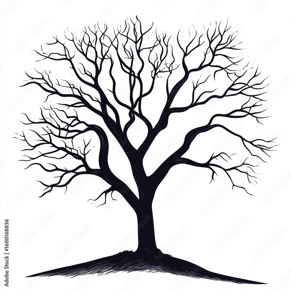 Fototapeta premium This artistic illustration features a striking leafless tree with intricate branches in a black and white silhouette style. Ideal for various design projects.