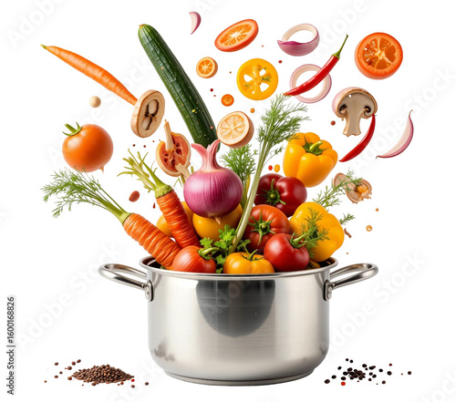 Exploding Freshness: Colorful Vegetables and Spices in Mid-Air Cooking Concept on White Background