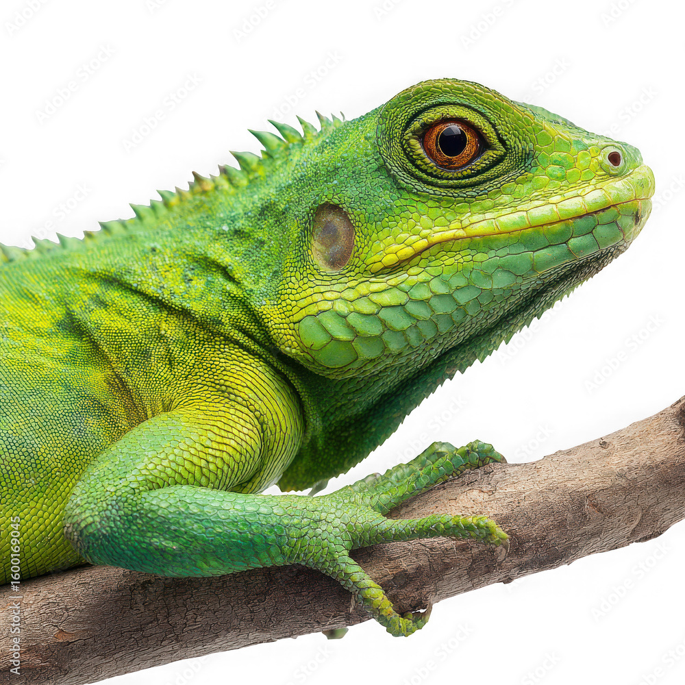 Fototapeta premium Close-up of a big green lizard on the branch on white background