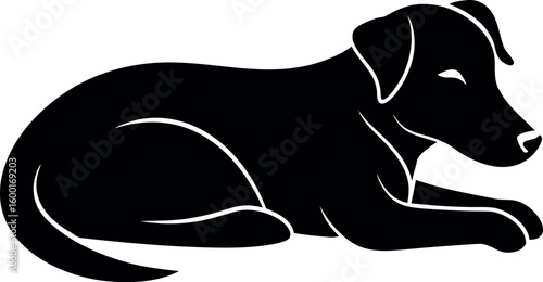 Calm Dog Silhouette Lying Down with Head Resting Vector.

