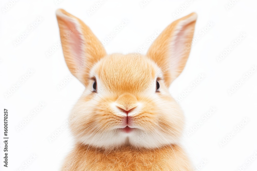 Obraz premium This image features a cute fluffy rabbit with large ears and bright eyes against a white background, capturing its sweet and playful expression.
