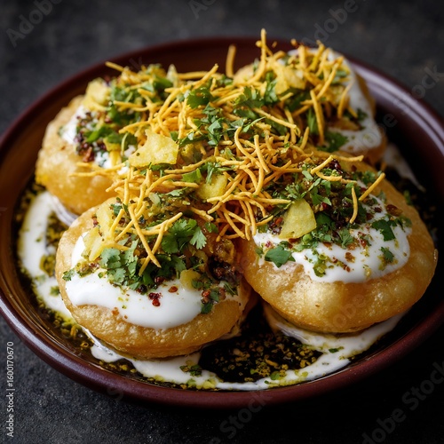 Plate of dahi puri chaat yogurt chutneys sev and coriander vibrant street food Indian snack festive colors