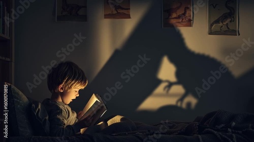 a little boy reading a book with a dinosaur shadow in his room, fostering a sense of adventure, curiosity, and a touch of childhood wonder. The lighting creates a dramatic atmosphere